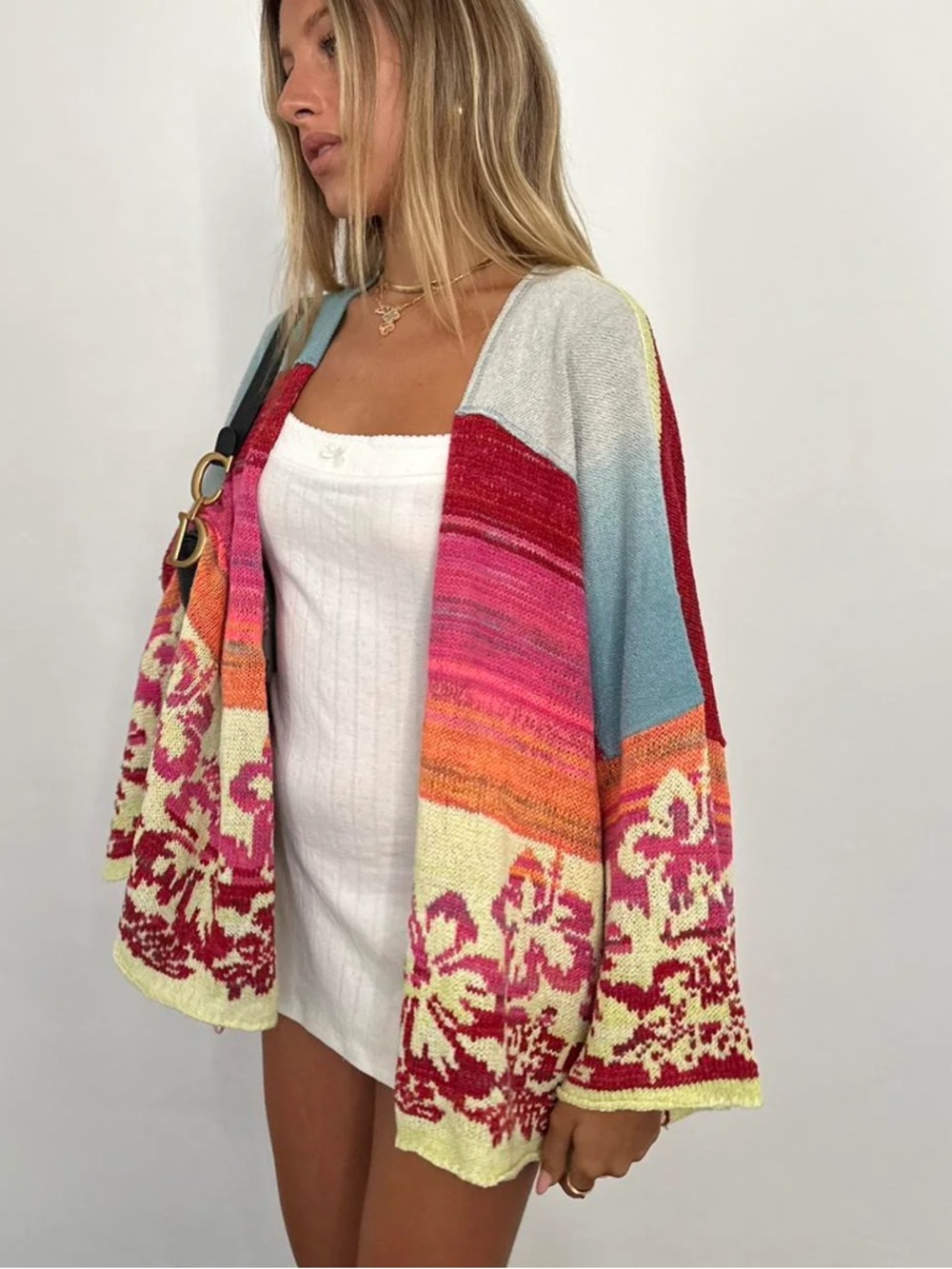 Free People Floral Knit Surf Sweater Kimono Cardigan Womens Size M / L - Picture 3 of 9